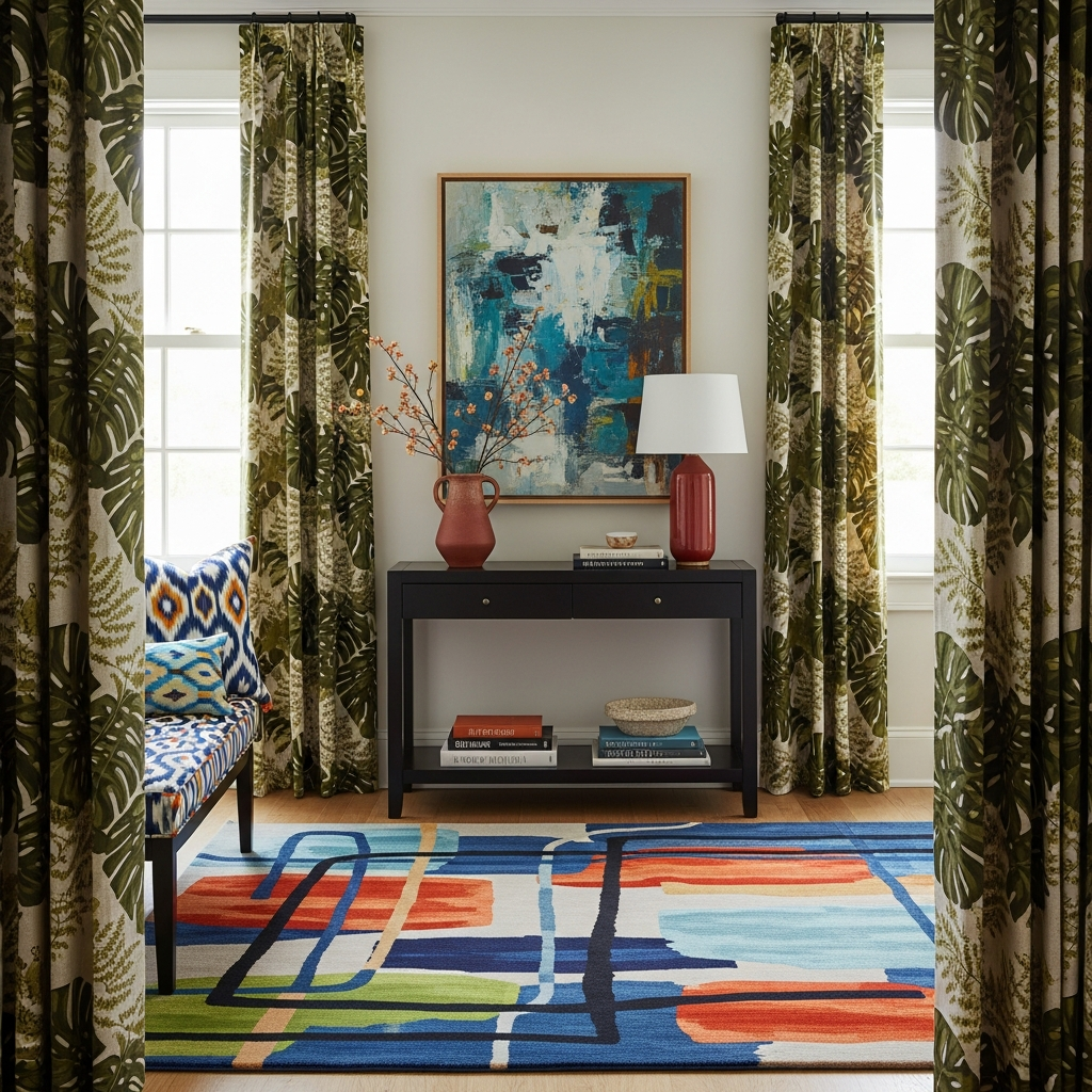 Entryway with an abstract rug and coordinated patterns in cushions and curtains.