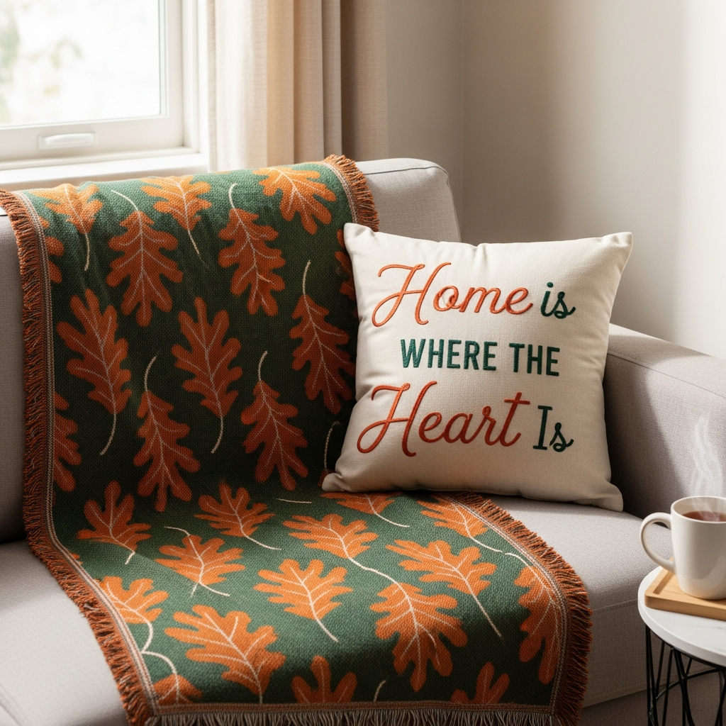 Personalised cushion and printed blanket in a cozy living room setting.