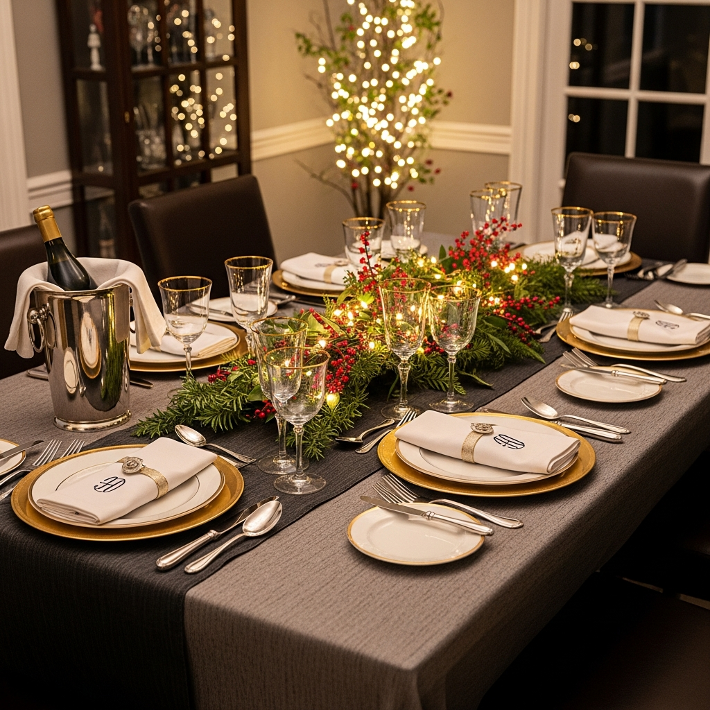 A dining table decorated with personalised linens and soft lights, perfect for winter gatherings.