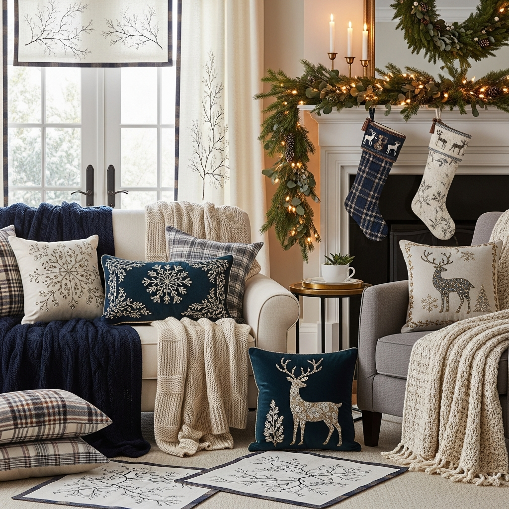 Home decorated for winter with warm lights and soft, stylish blankets.