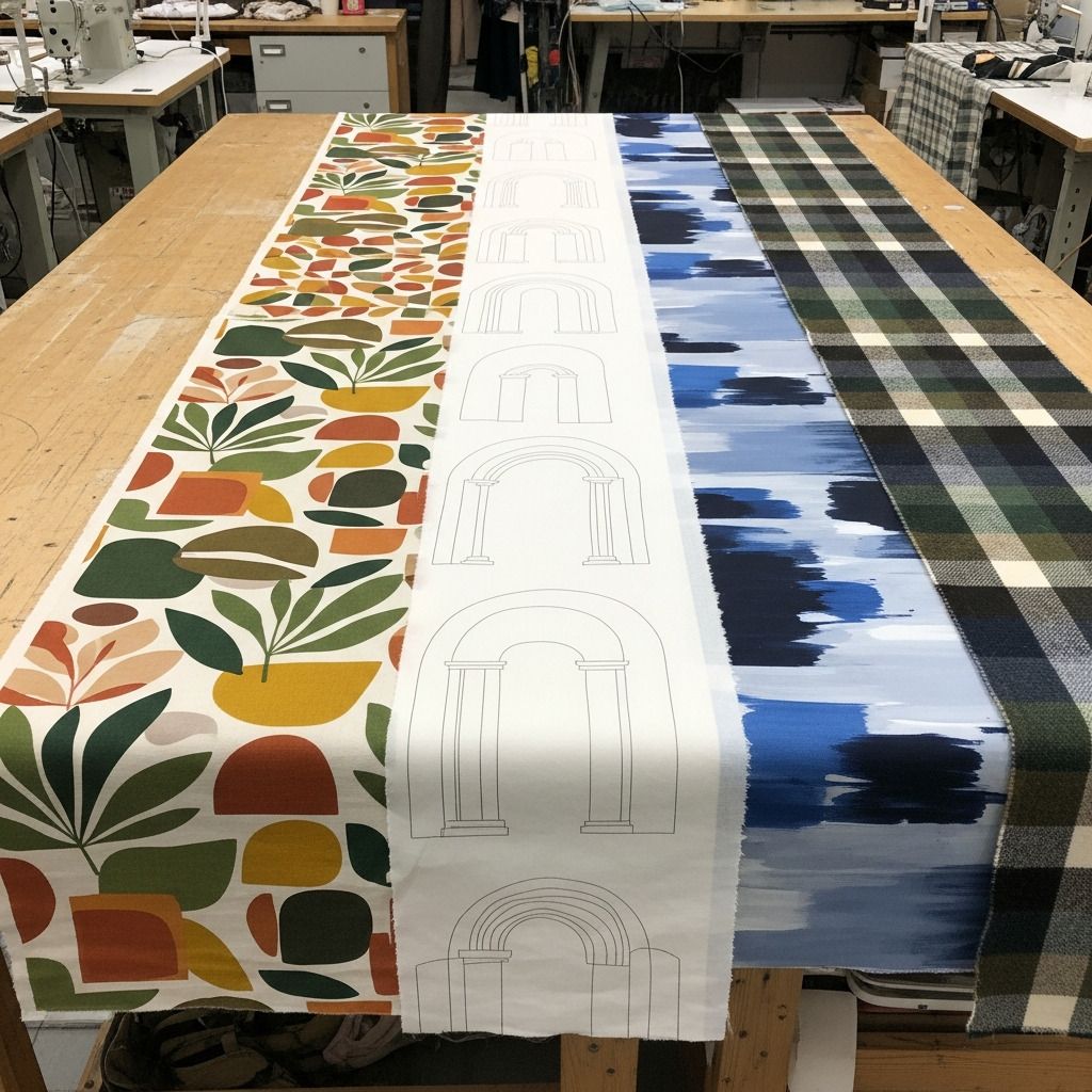 A workspace filled with various printed fabrics showcasing different patterns for autumn 2025 trends.