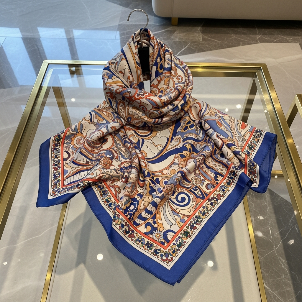 Elegant silk scarf displayed on a glass surface, featuring vibrant designs