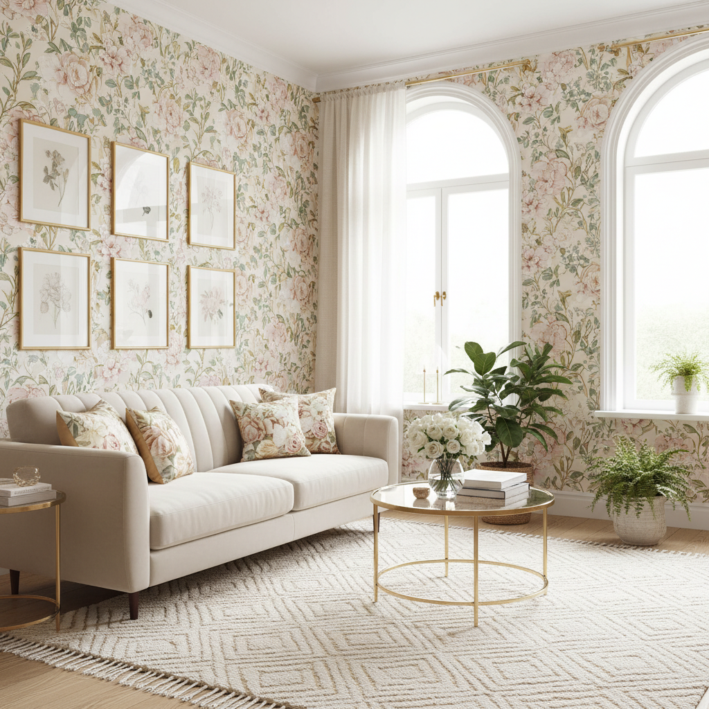 Room decorated with personalized floral wallpaper, showcasing bright designs