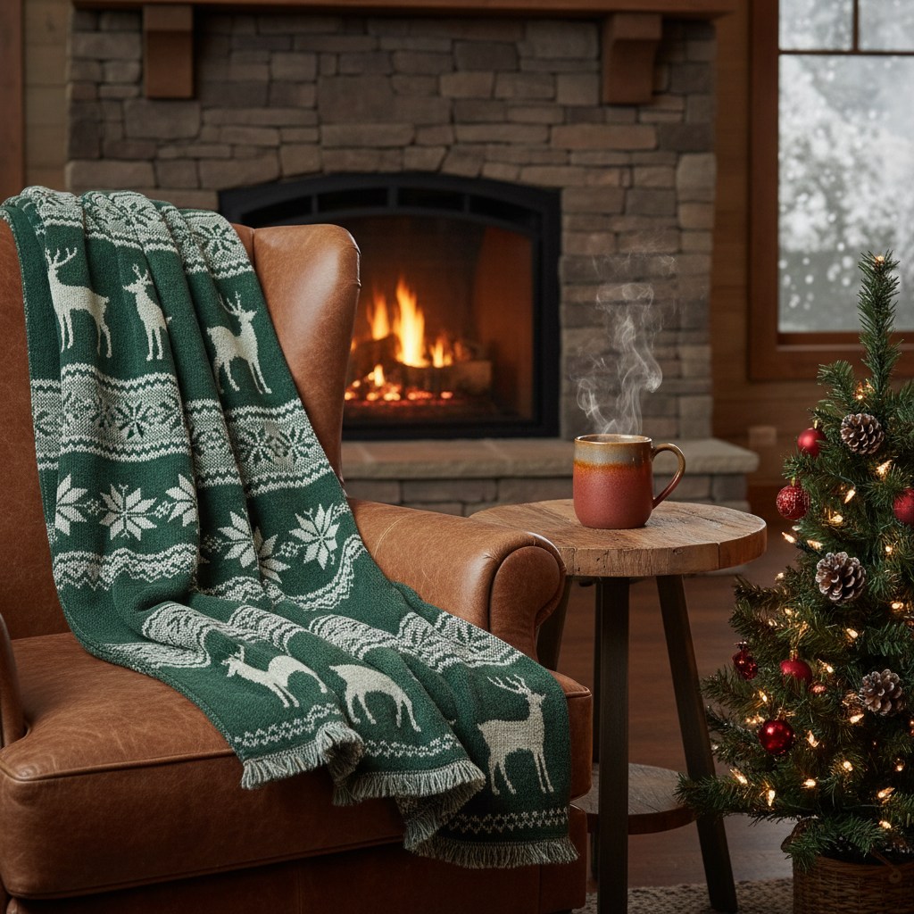 Custom blanket and mug in a festive setting