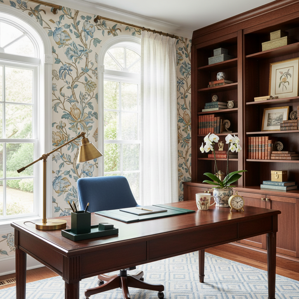A home office adorned with custom floral wallpaper and modern desk decor.