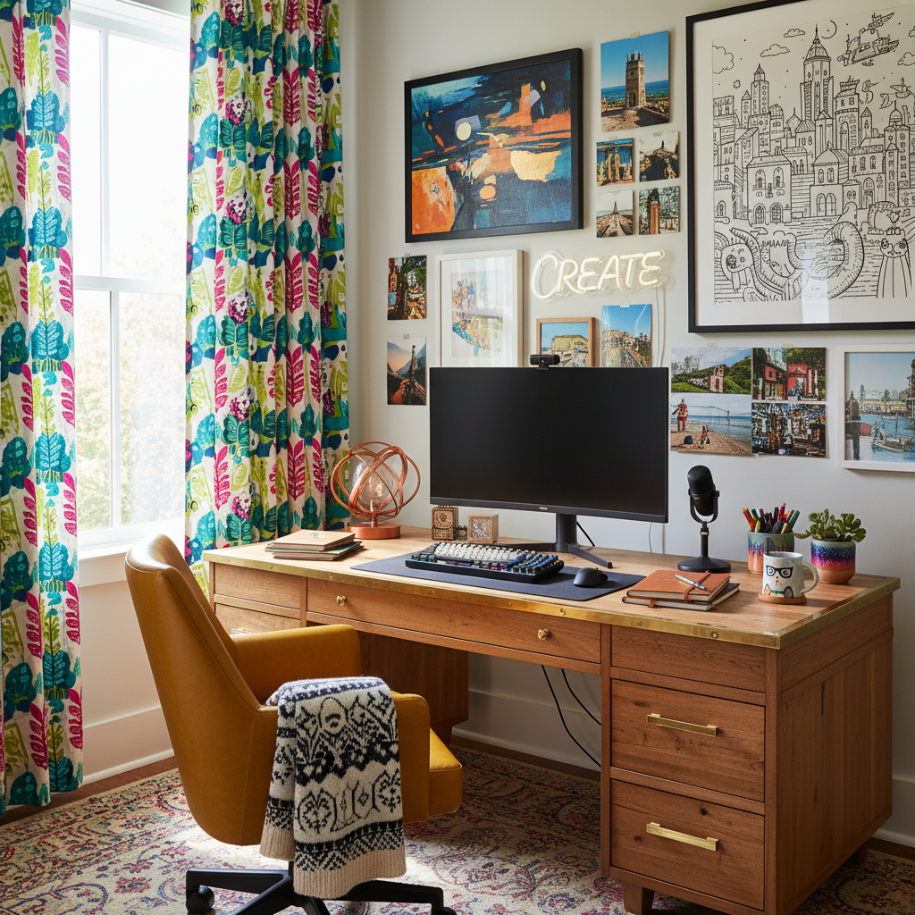 Stylish office with personalized wall art and custom curtains
