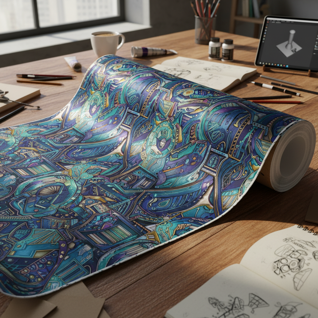 Close-up of custom wallpaper with a unique AI-generated design