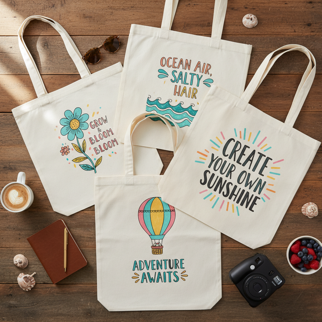 Collection of custom tote bags showcased on a wooden table with accessories