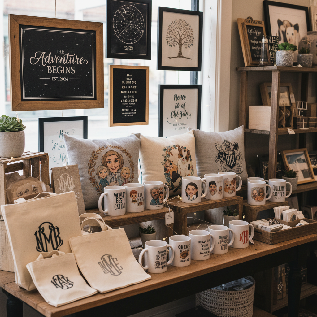 An array of diverse personalised gifts, showcasing options for different tastes, on a festive background.