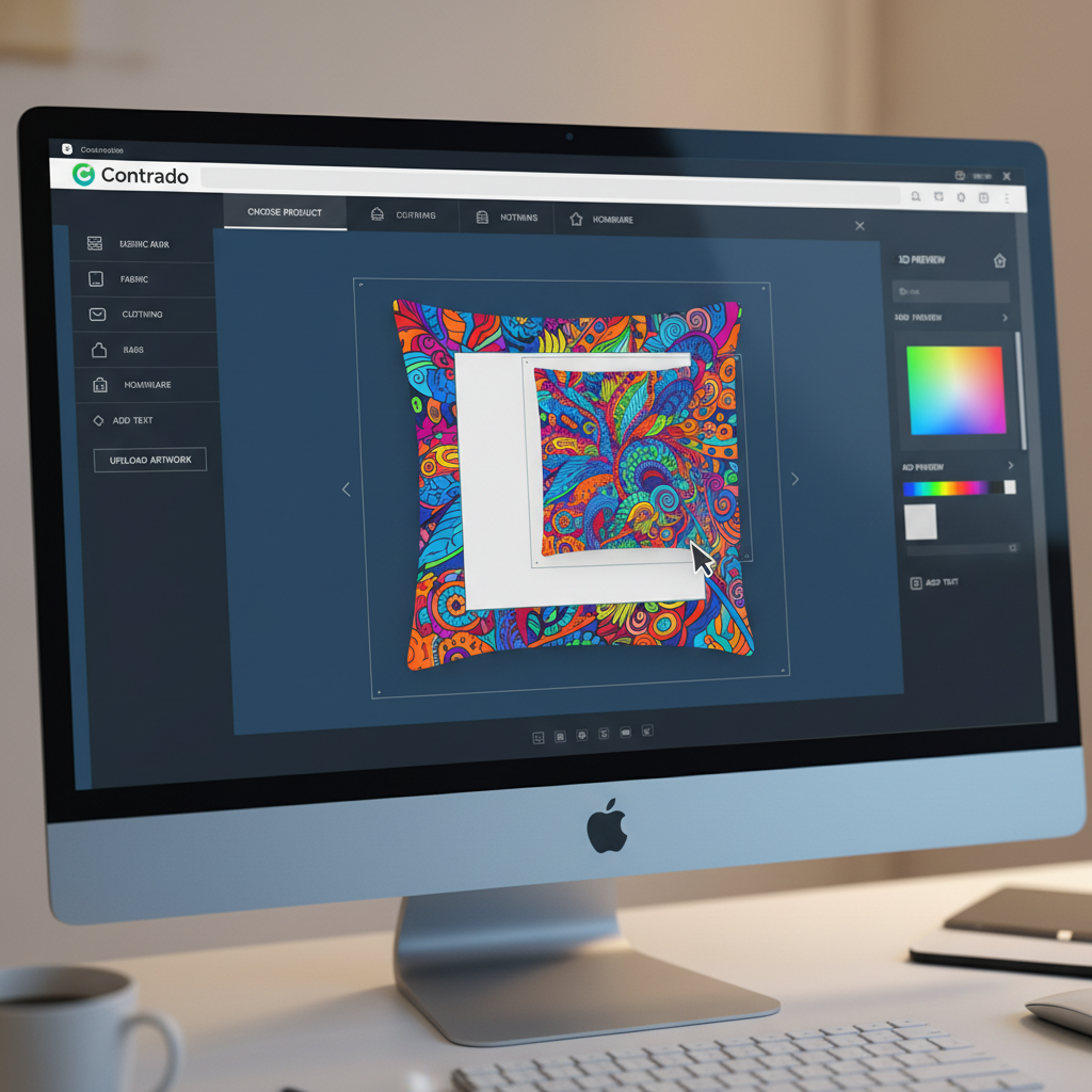 Screenshot of the Contrado design interface showing custom artwork being uploaded for a cushion.