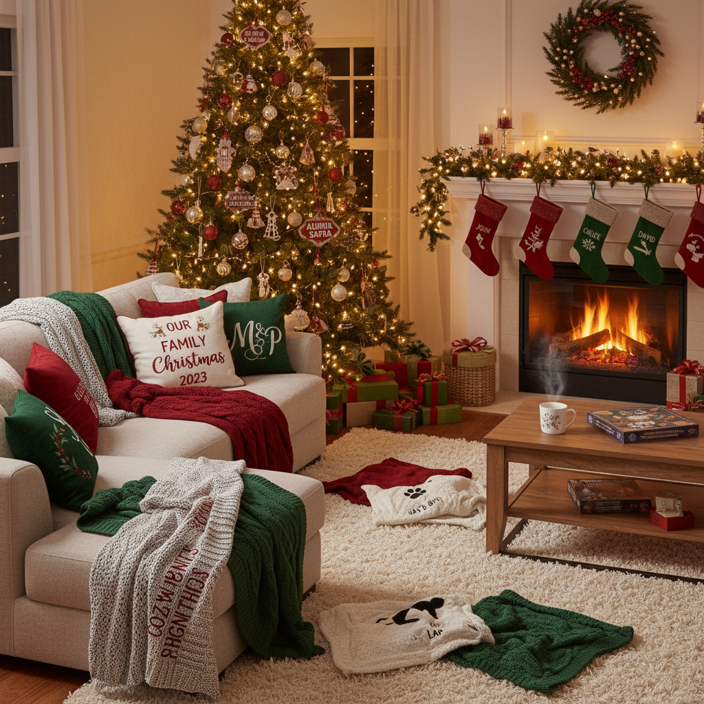 Cozy living room adorned with custom-designed Christmas decor, including cushions and a festive throw blanket.