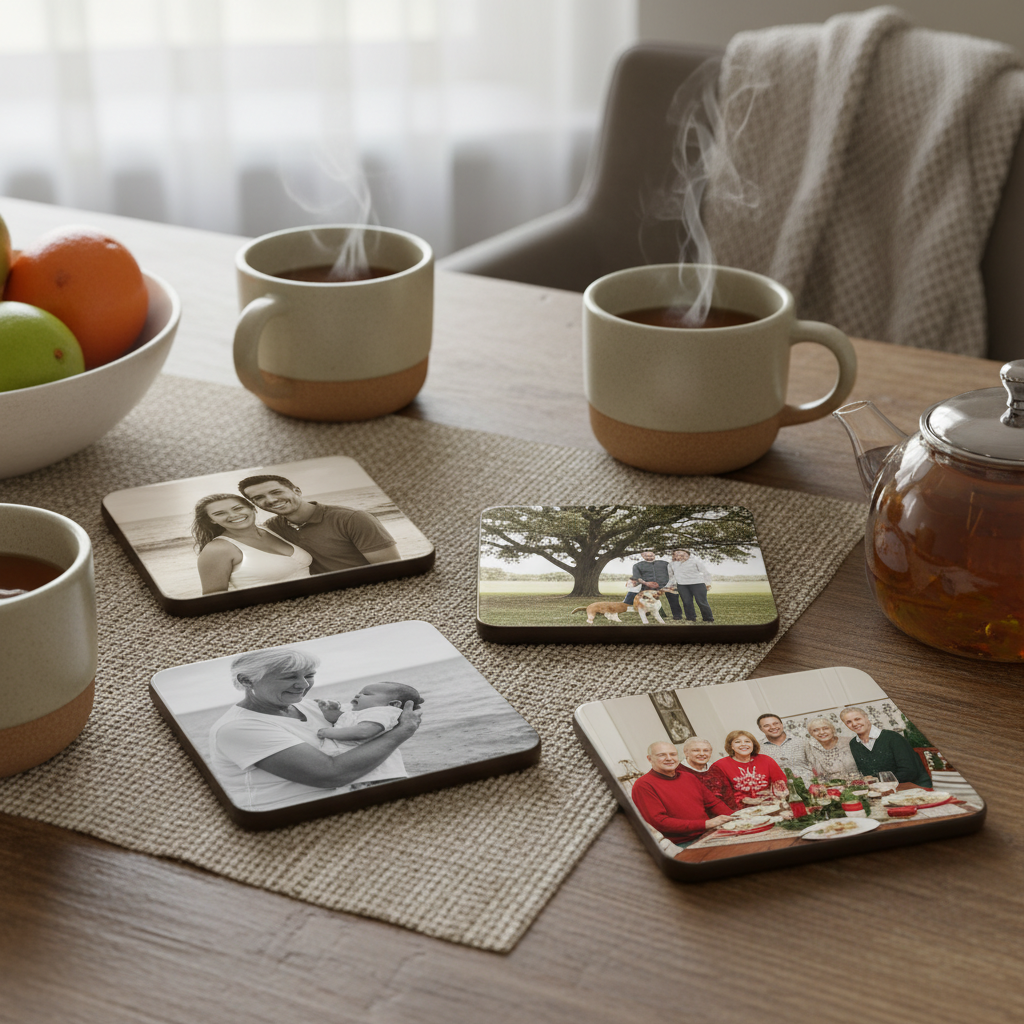 Coasters with family photos on a cozy dining table.