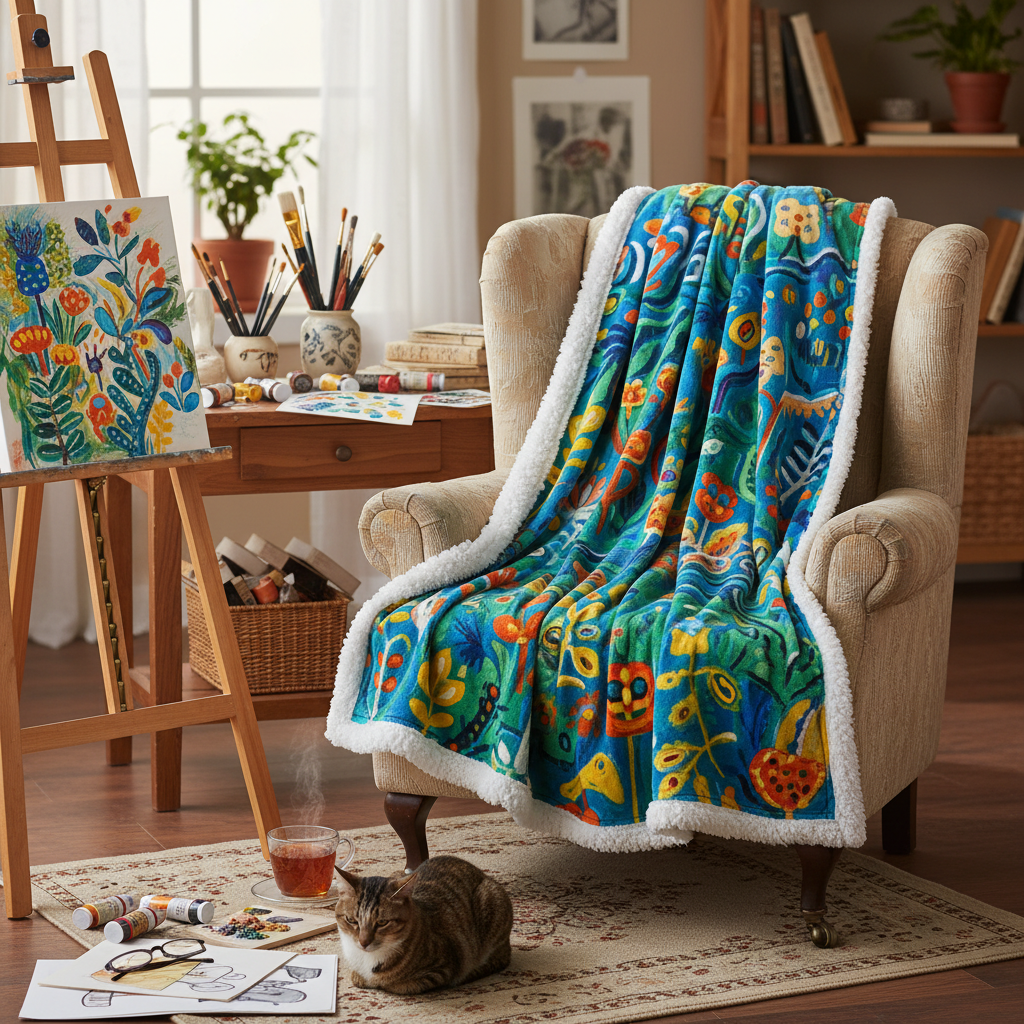 A fleece blanket with artistic prints displayed on a chair next to an artist's tools.