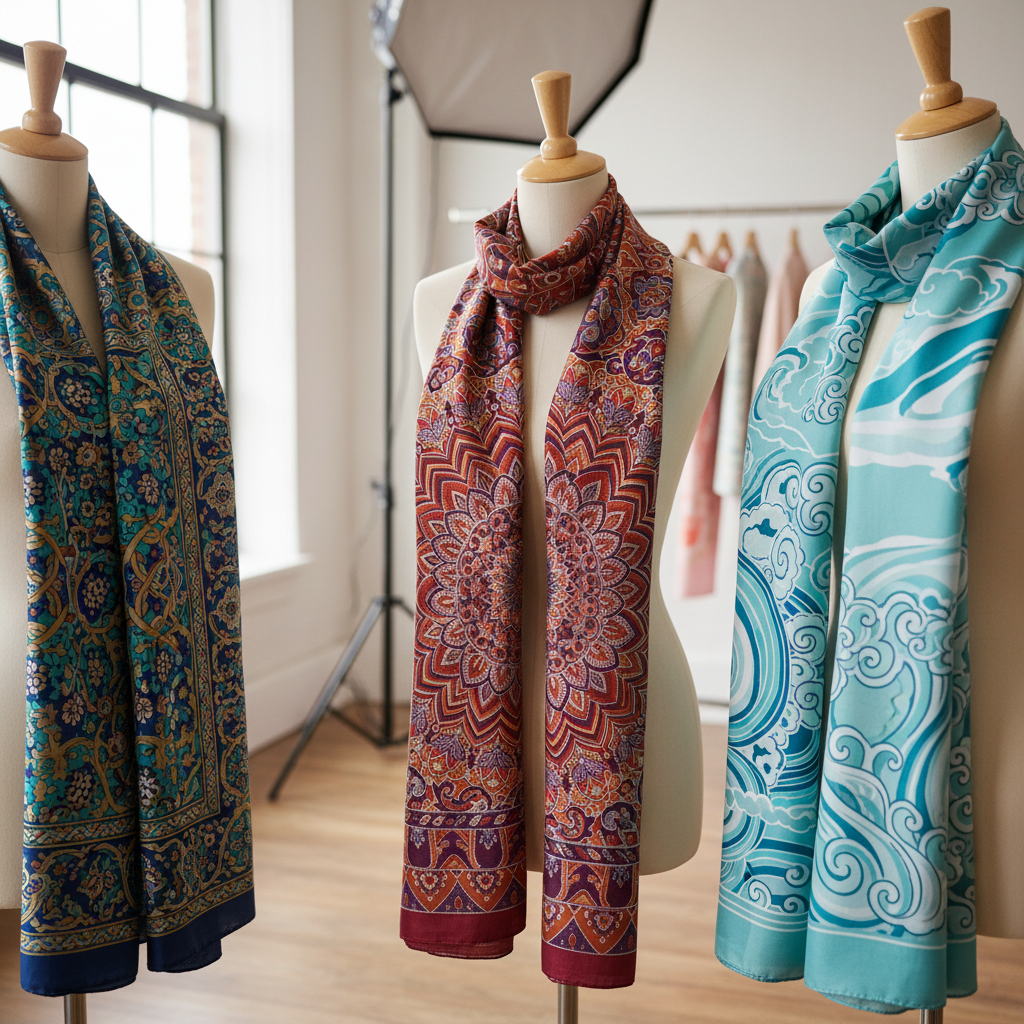 Custom artist-designed scarves displayed elegantly on a mannequin.