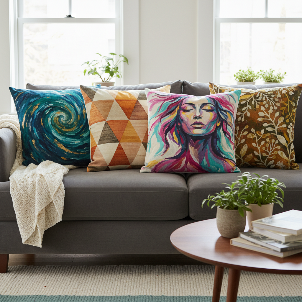 Array of custom cushions with artistic prints arranged on a modern sofa.