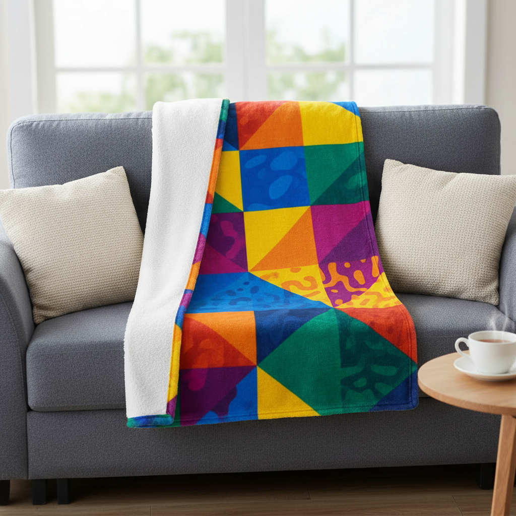 Personalized polar fleece blanket displayed on a sofa, adding a colorful touch to the living room.