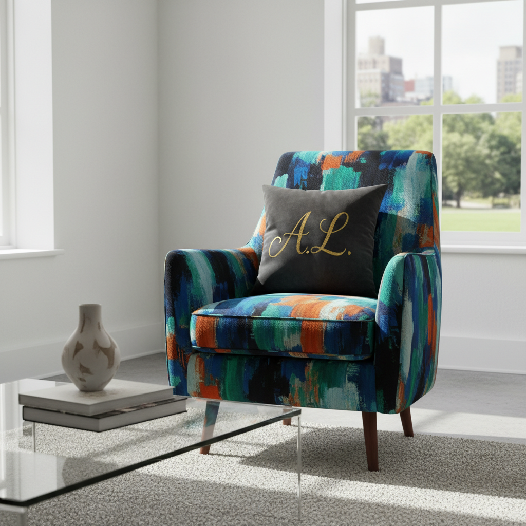 Customized cushion on a stylish chair, enhancing home décor with personalized designs.