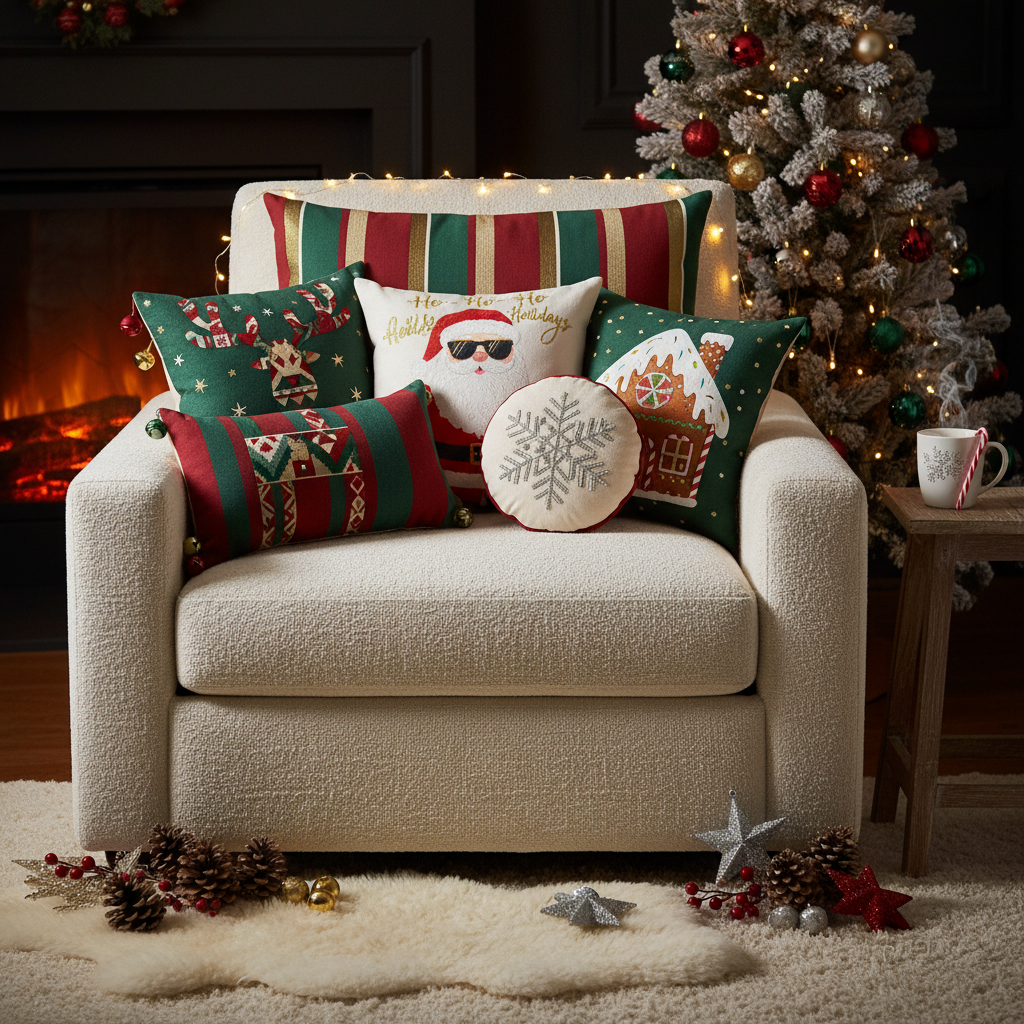 A festive armchair adorned with personalised cushions, showcasing a warm and inviting holiday setting.