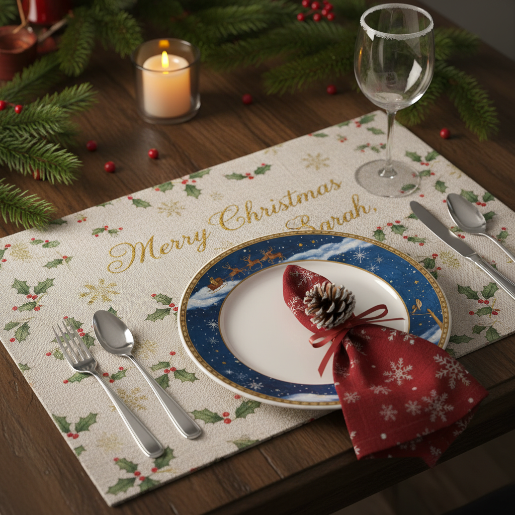 Detail shot of a personalised Christmas placemat with decorative dinnerware.