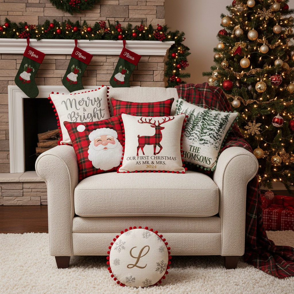 Brightly designed personalised cushions on a chair in a festive living room.