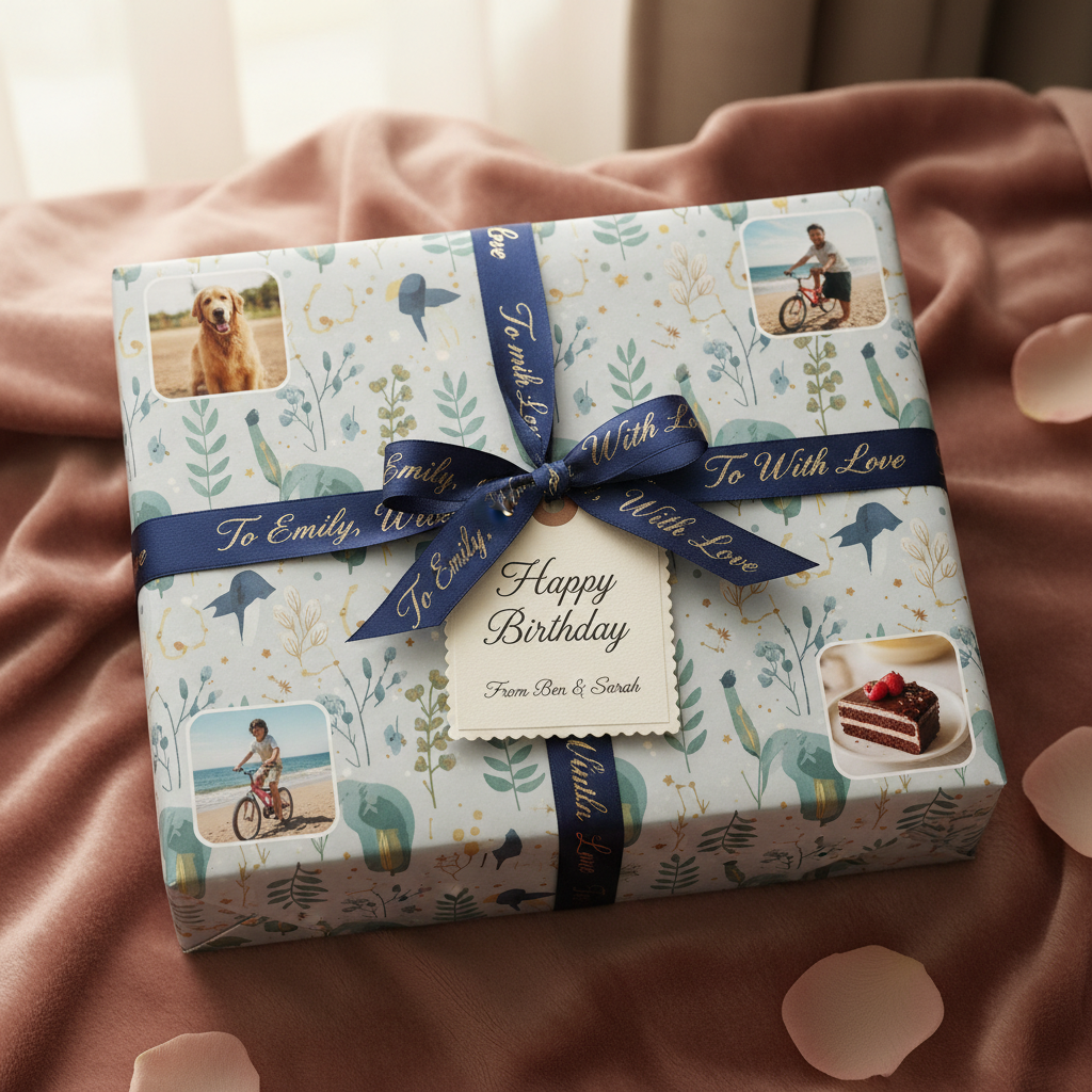 A creatively wrapped gift that incorporates personalised elements and decorations.
