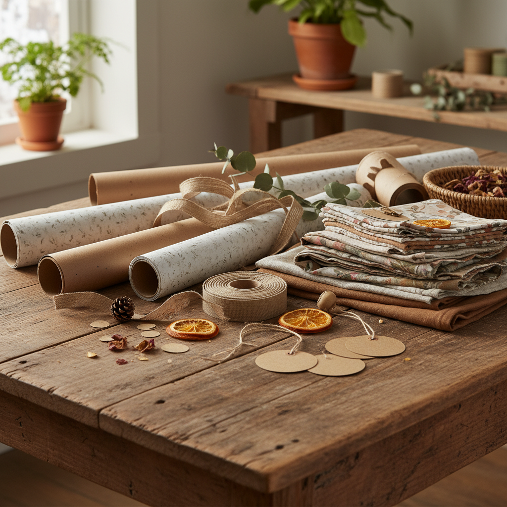 A selection of eco-friendly gift wrapping materials arranged aesthetically on a surface.