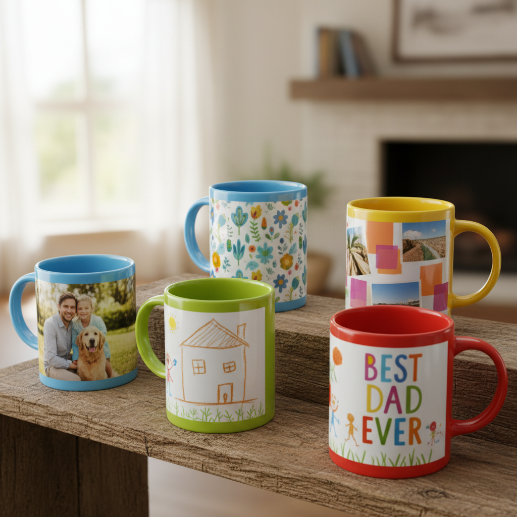Array of personalised mugs in vibrant designs displaying family images.