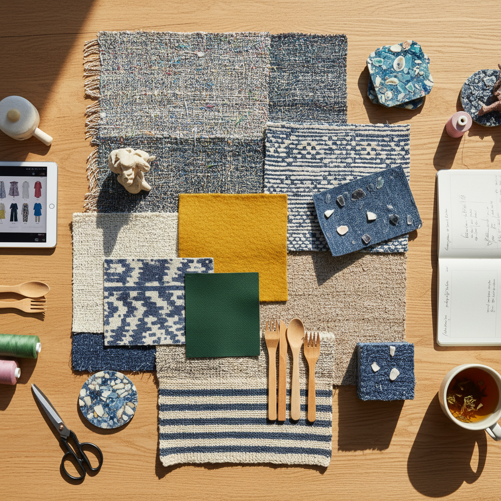 Collection of textile swatches and product samples arranged artistically on a bright background.