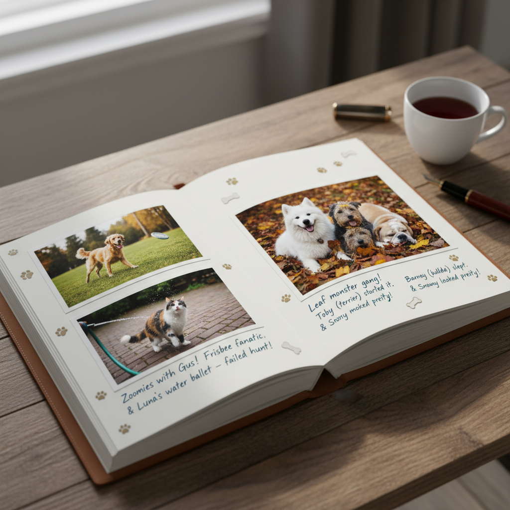 An open photo book featuring pets’ playful moments captured in vibrant images with handwritten notes.