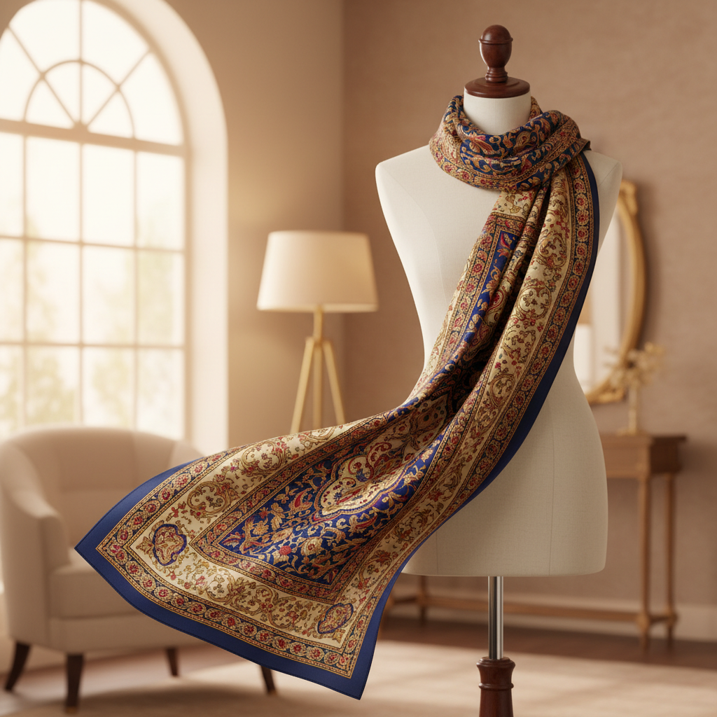 Elegant patterned scarf beautifully displayed on a mannequin.