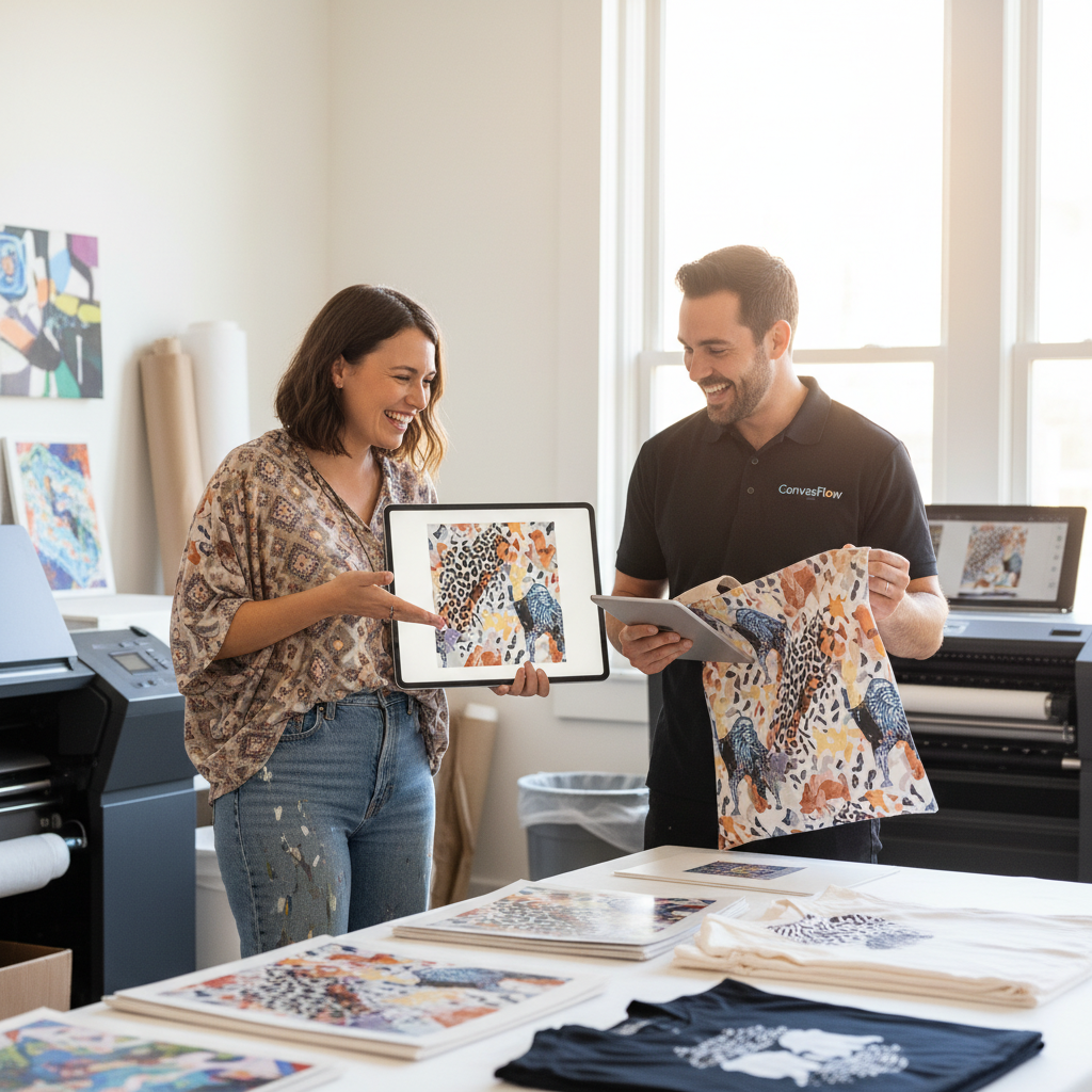 Artist interacting positively with a print-on-demand representative in a collaborative setting.