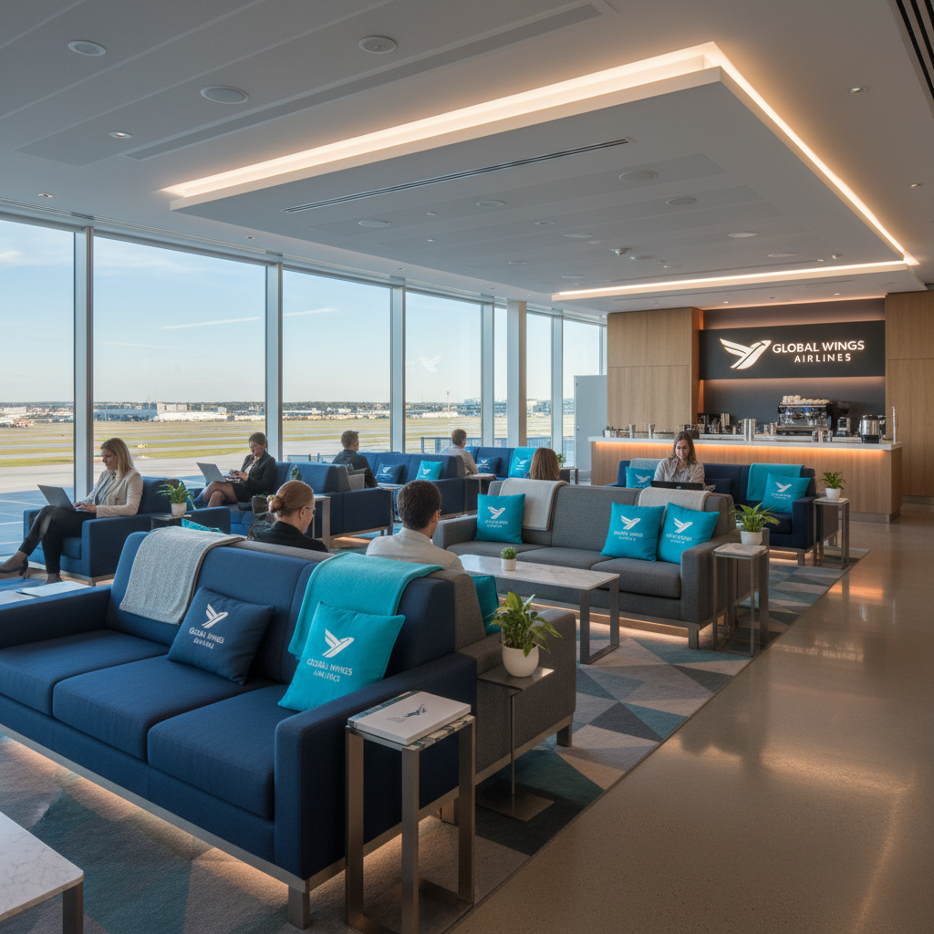 Airline lounge interior with branded textiles showcasing the airline colours