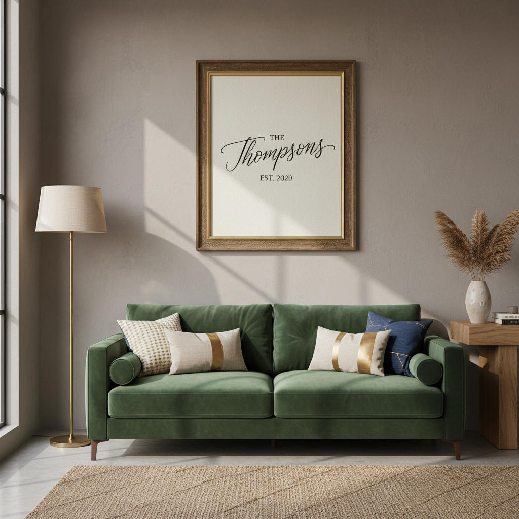 A framed personalised wall art piece displaying a family name in a modern living room.
