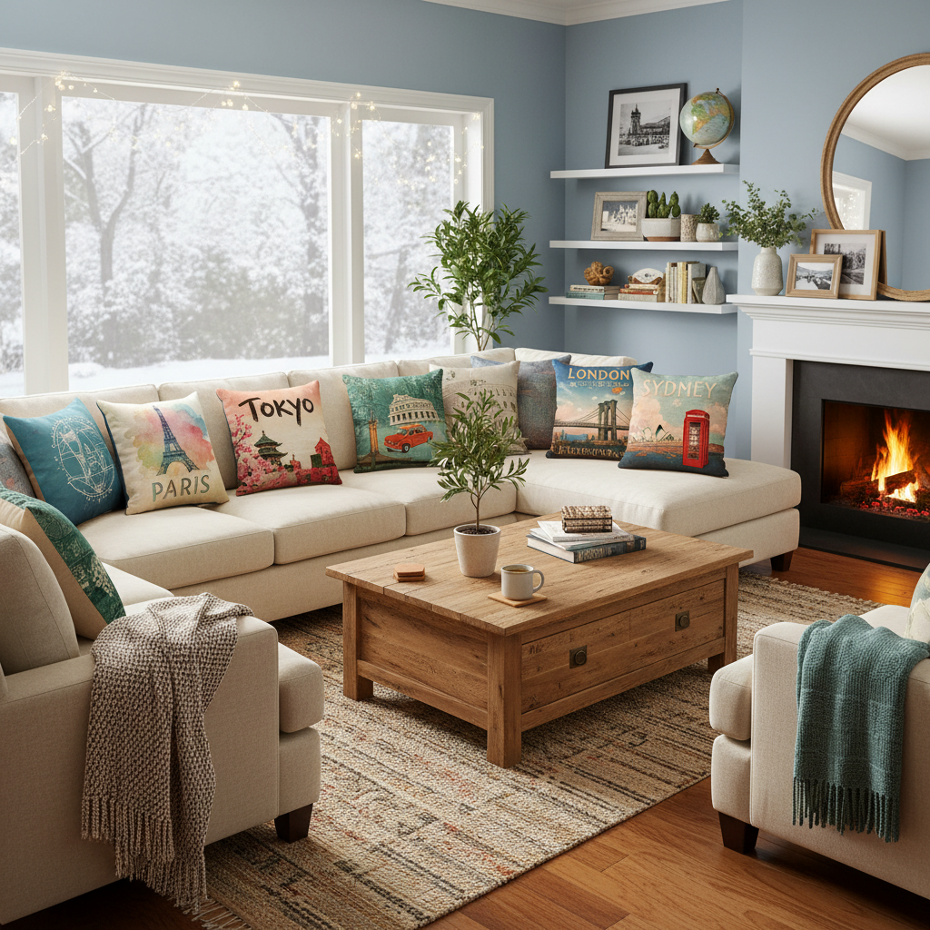 Stylish living room decor with personalized cushions depicting various travel destinations.
