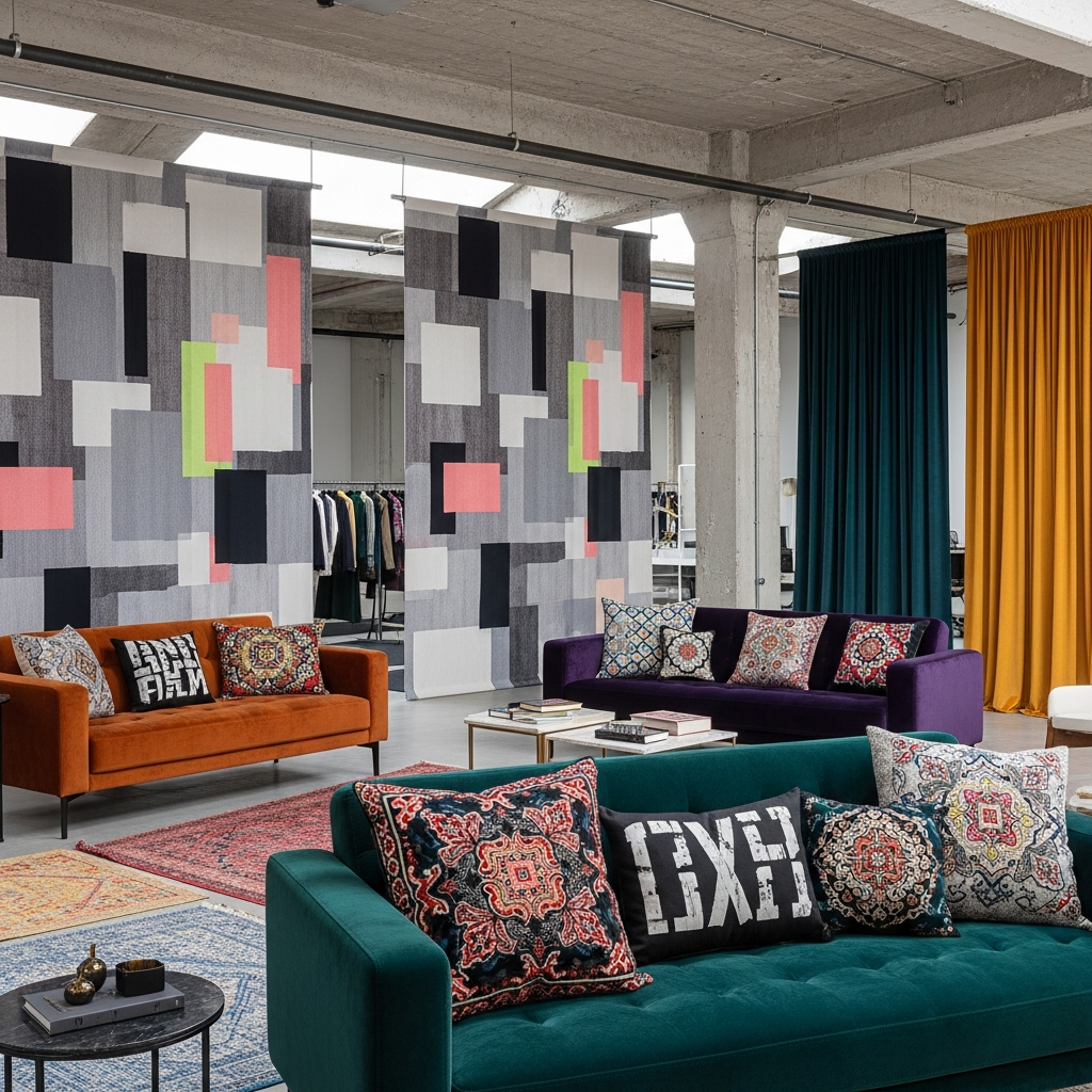 A fashionable office interior designed with custom textiles that exemplify the brand's style and identity.
