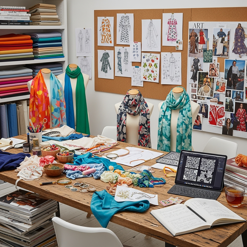 Designer's workspace featuring fabric samples and scarf design sketches, showcasing the creativity involved in custom scarf production.