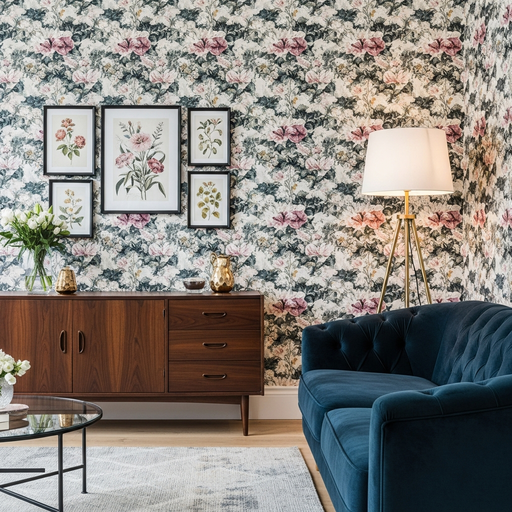 Romantic statement wall with vibrant floral wallpaper