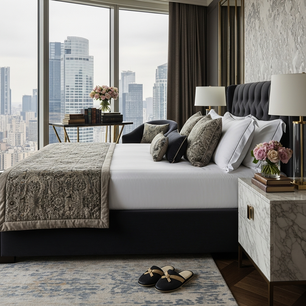 Cozily placed luxury slippers beside an inviting bed in a high-end hotel room.
