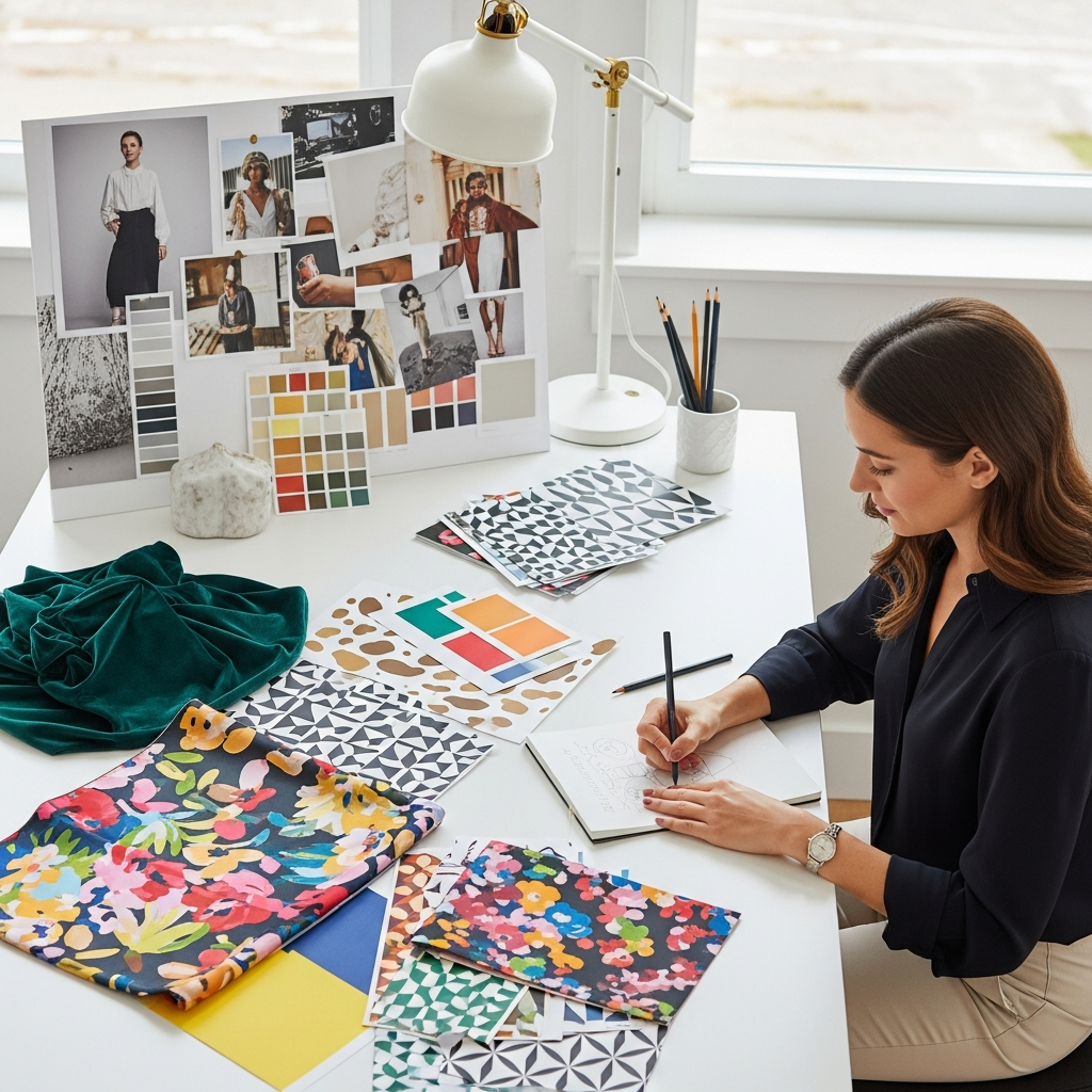 A designer's workspace featuring sketches, fabric swatches, and samples of prints.