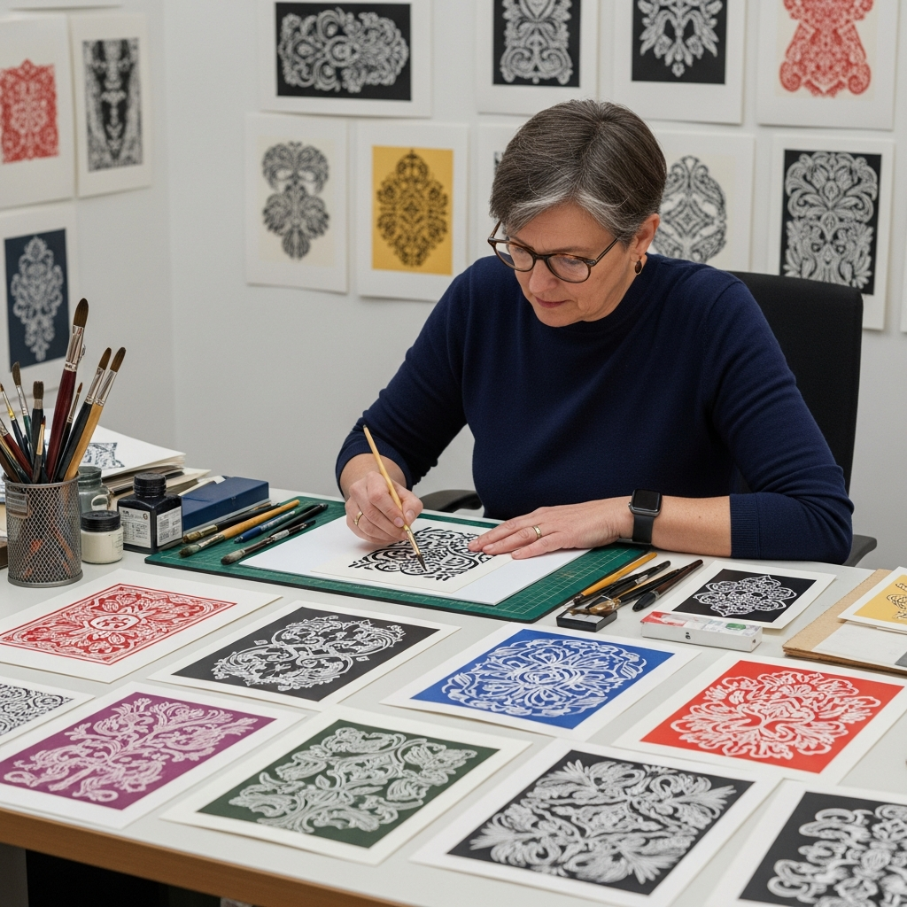 An artist working at their desk with printed samples of their designs