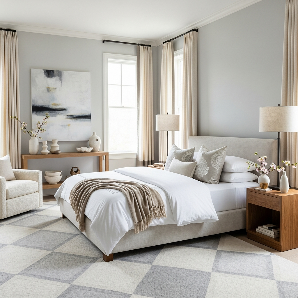 Minimalist elegant bedroom showcasing Quiet Luxury aesthetic.