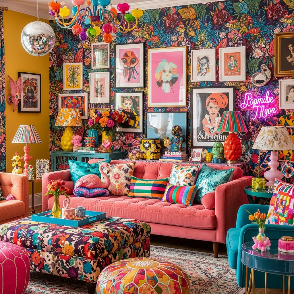 Living room filled with colourful decor reflecting Dopamine Decor trend.
