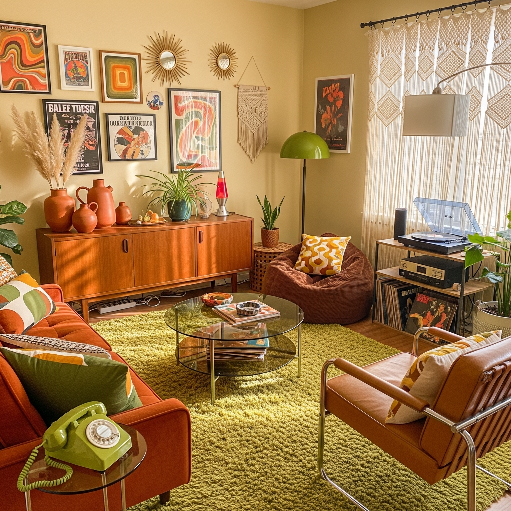 Retro styled living room with modern vintage decor and vibrant colours.