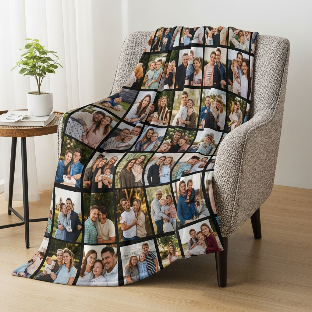 A personalised blanket displaying family photos, draped over a chic armchair.