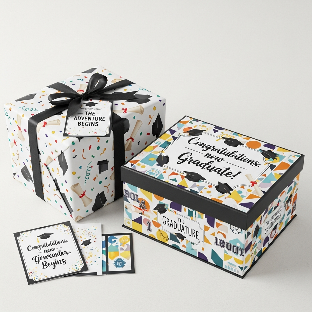 A set of personalised gift wrapping and a decorative keepsake box designed for graduation gifts, showcasing memorable patterns and colours.