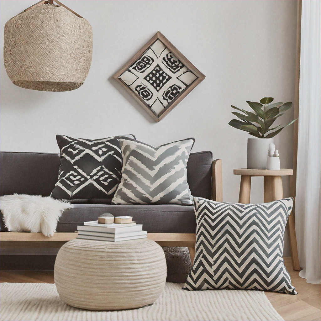 A collection of home decor featuring custom designs, including cushions and wall art in a warm living room.