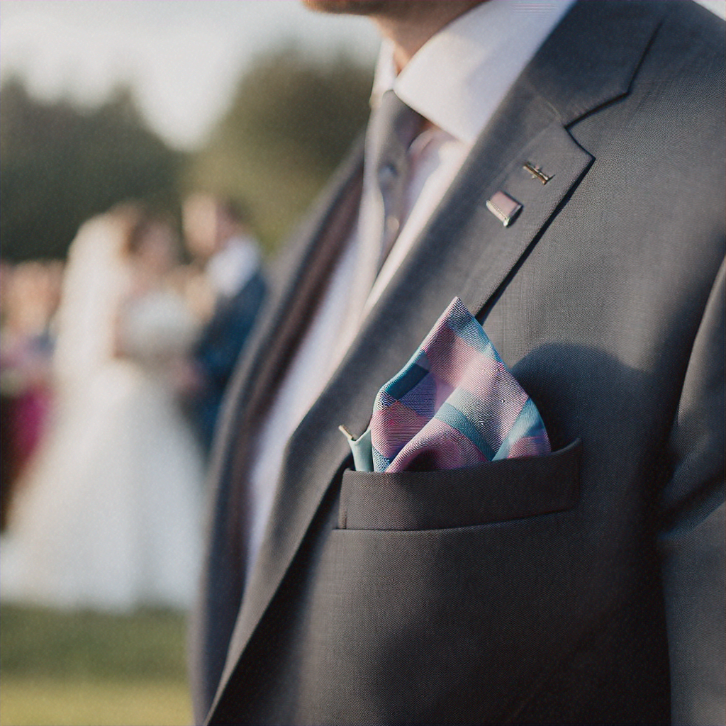 Stylish pocket square placed in a suit jacket amidst a wedding setting