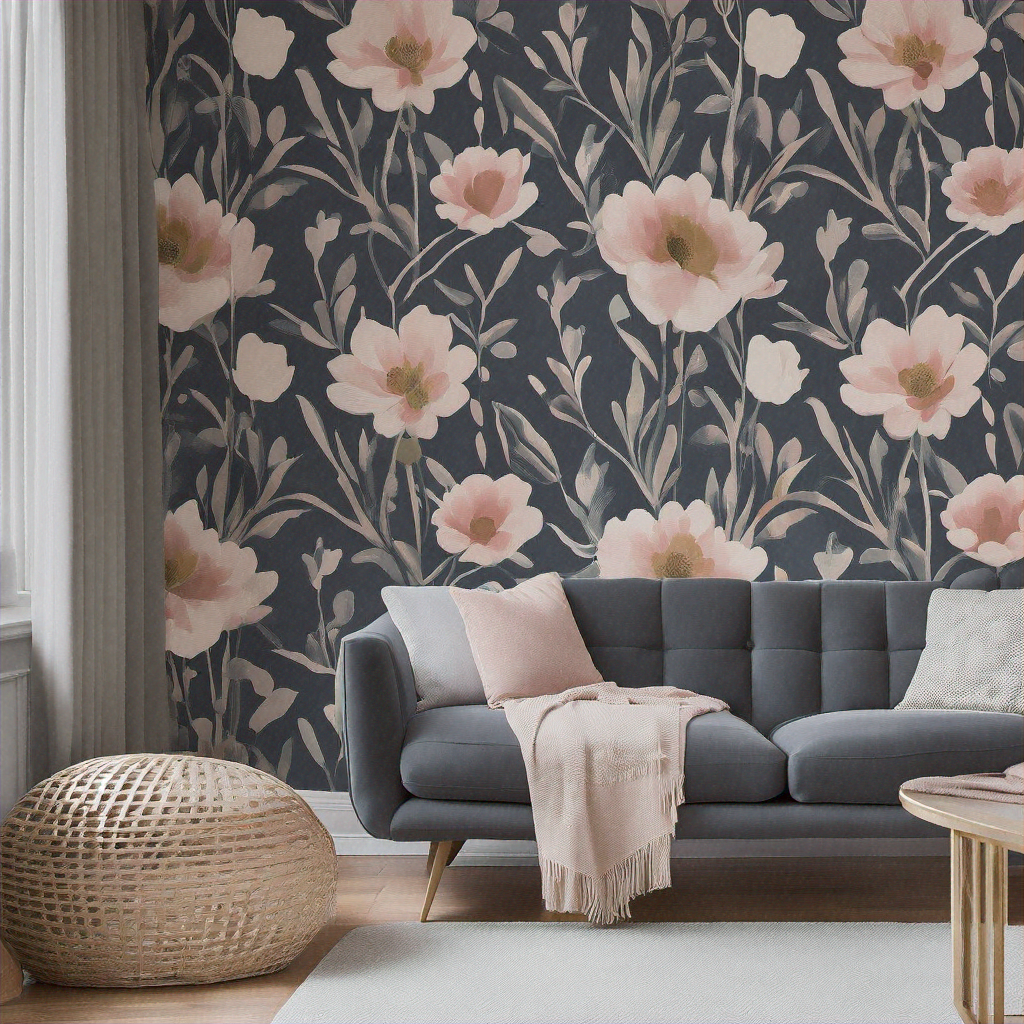 Modern living room with custom floral wallpaper adorning the walls