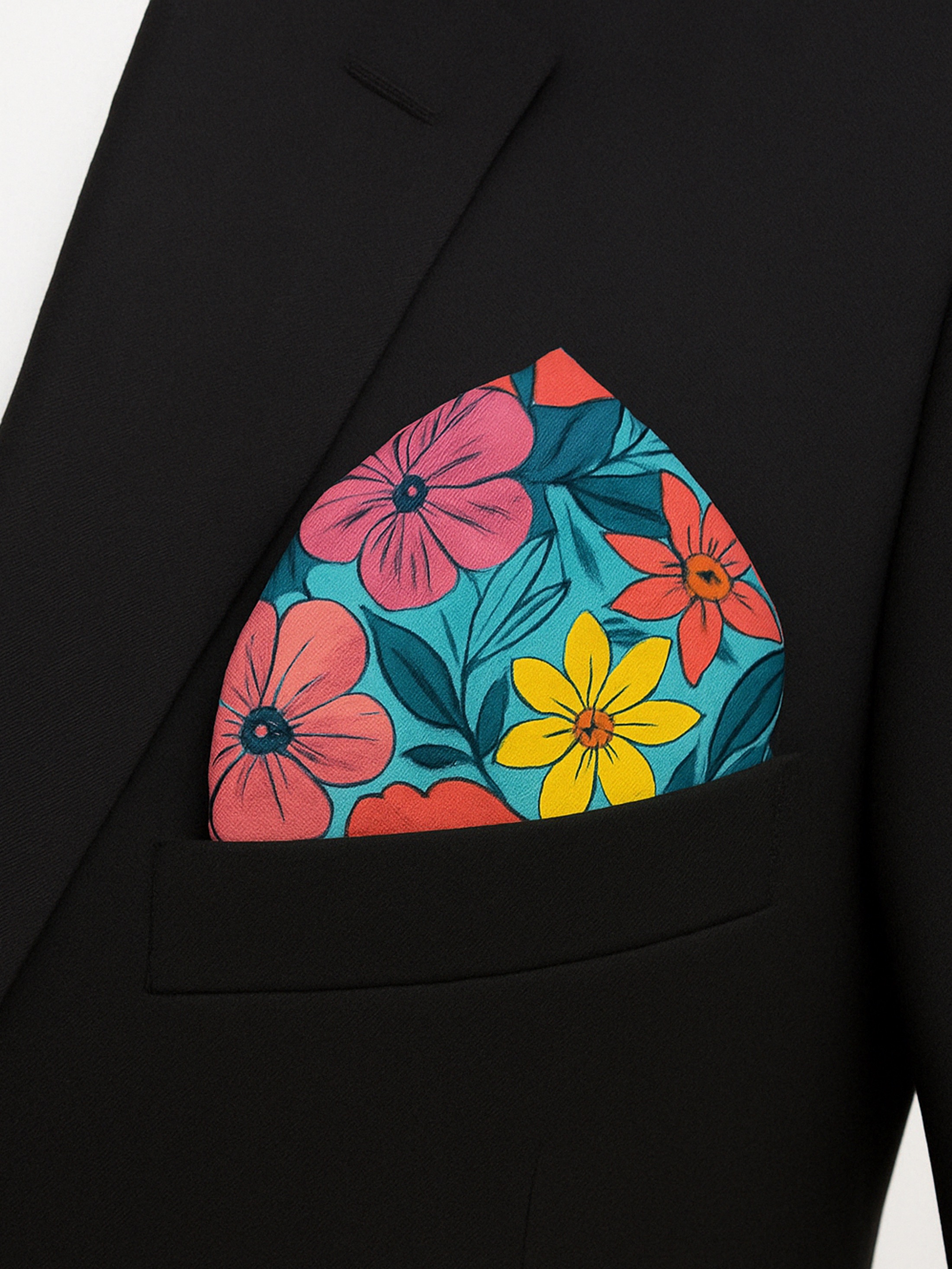 custom printed floral pocket square in black suit jacket