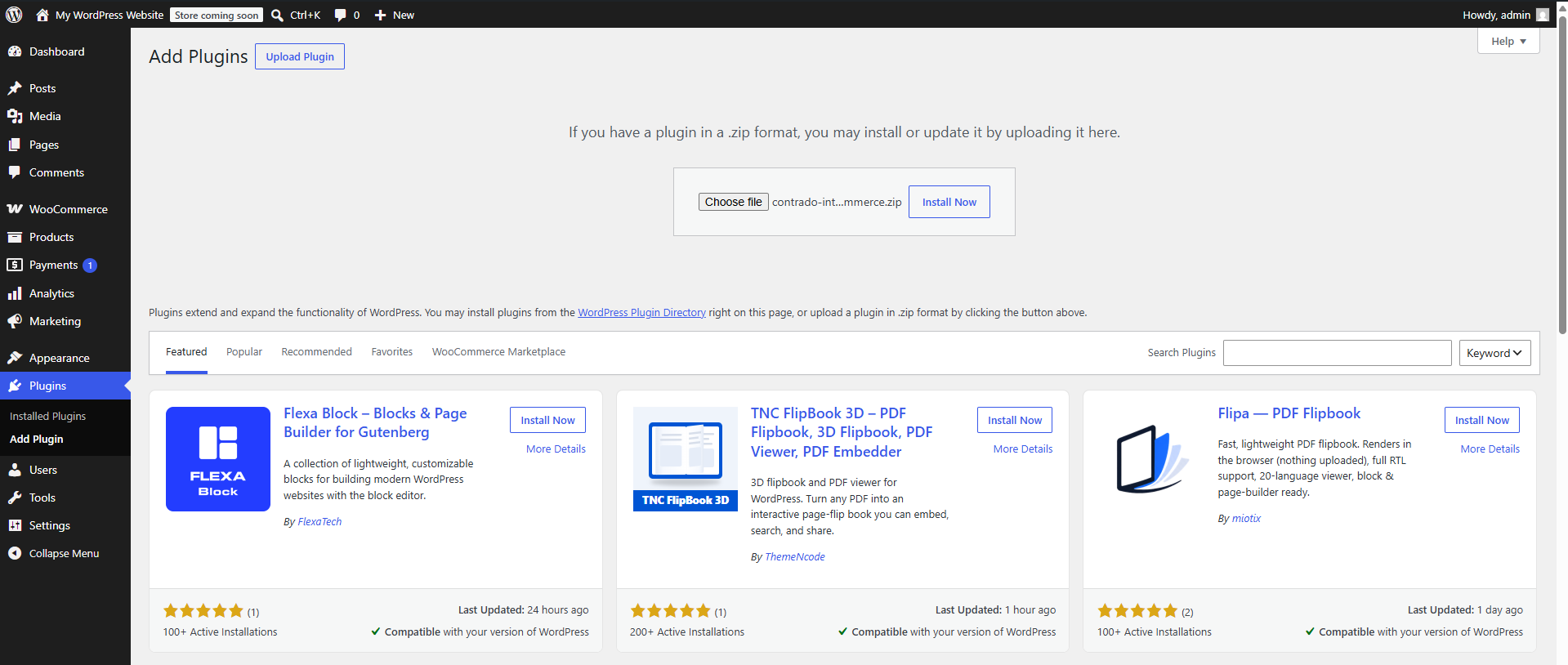 Upload Plugin page with Contrado ZIP selected